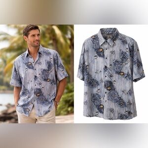 Roundtree & Yorke 100% Silk Hawaiian Shirt XL Blue Fish Print Resort Luxury